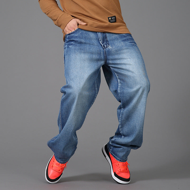 Men's Plus Size Skater Wide-Leg Jeans – Loose Hip-Hop Washed Denim Trousers