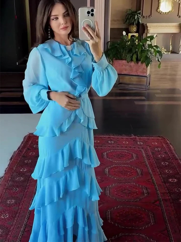 Women's Elegant Layered Ruffle Maxi Dress with Long Sleeves and Belt