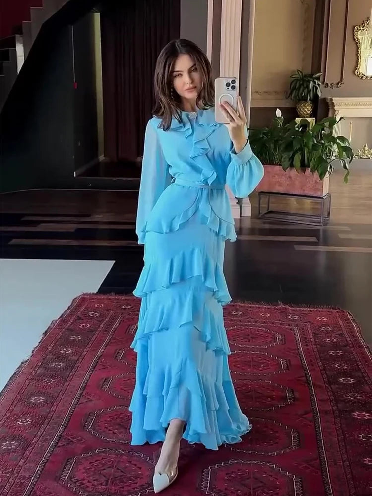 Women's Elegant Layered Ruffle Maxi Dress with Long Sleeves and Belt