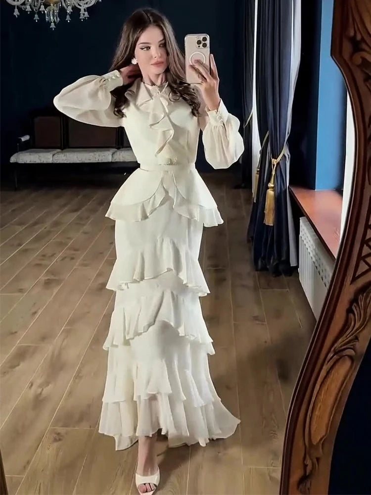 Women's Elegant Layered Ruffle Maxi Dress with Long Sleeves and Belt