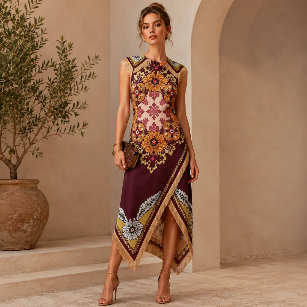 Women's Bohemian Scarf Print Midi Dress – Sleeveless Asymmetrical Handkerchief Hem with Fringe | Elegant Summer Dress