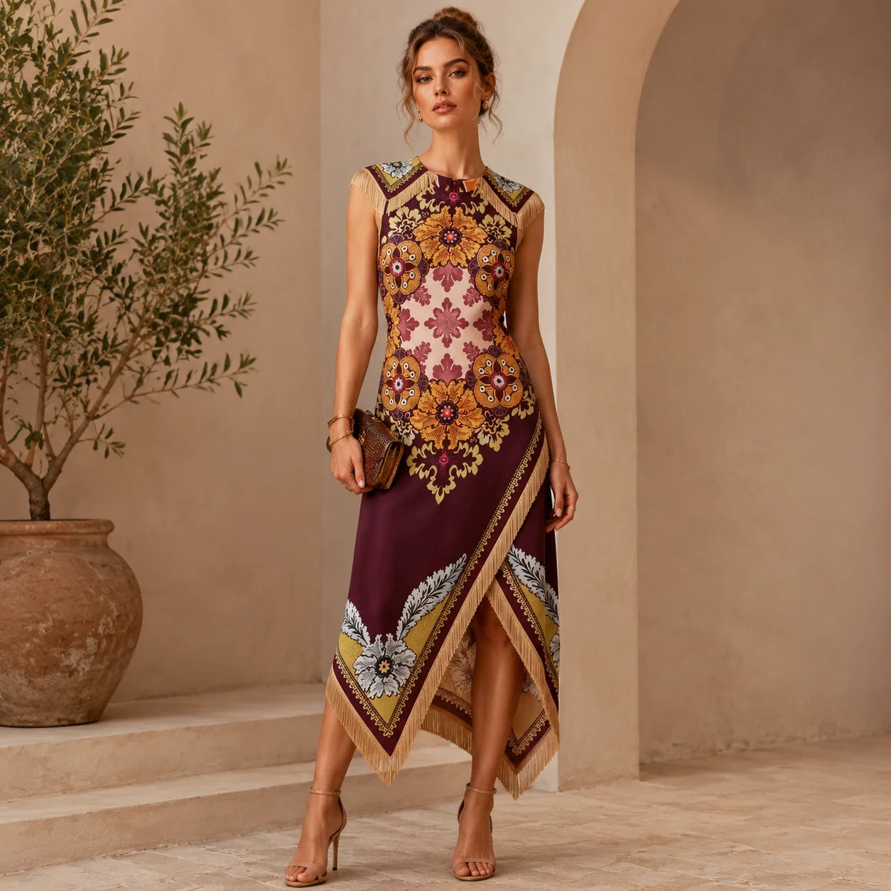 Women's Bohemian Scarf Print Midi Dress – Sleeveless Asymmetrical Handkerchief Hem with Fringe | Elegant Summer Dress