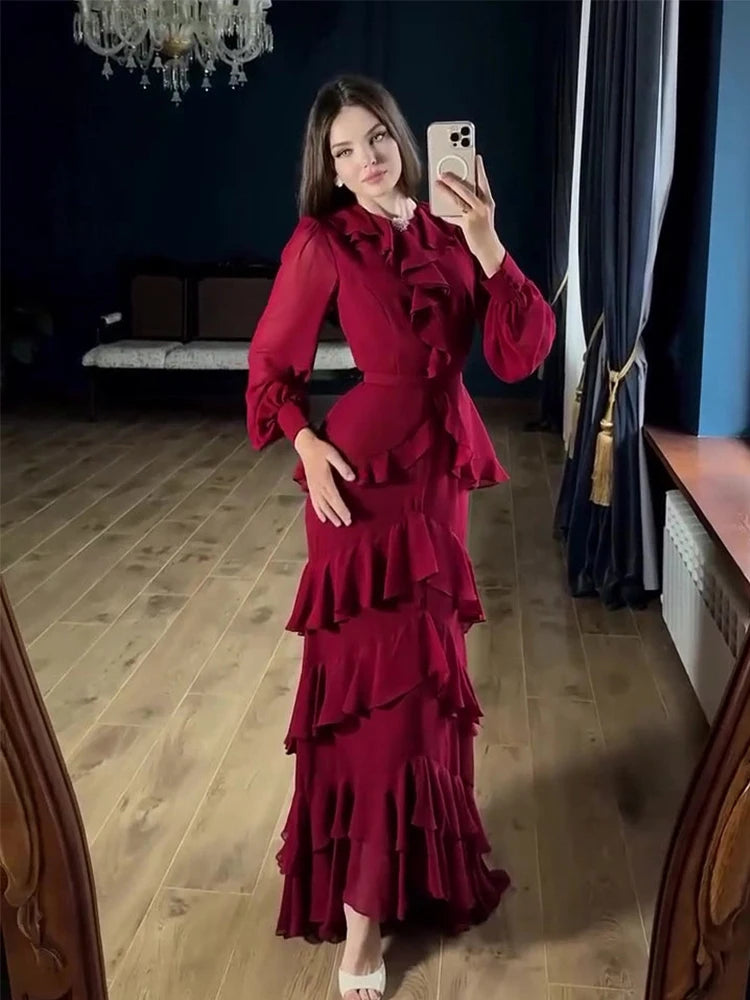 Women's Elegant Layered Ruffle Maxi Dress with Long Sleeves and Belt