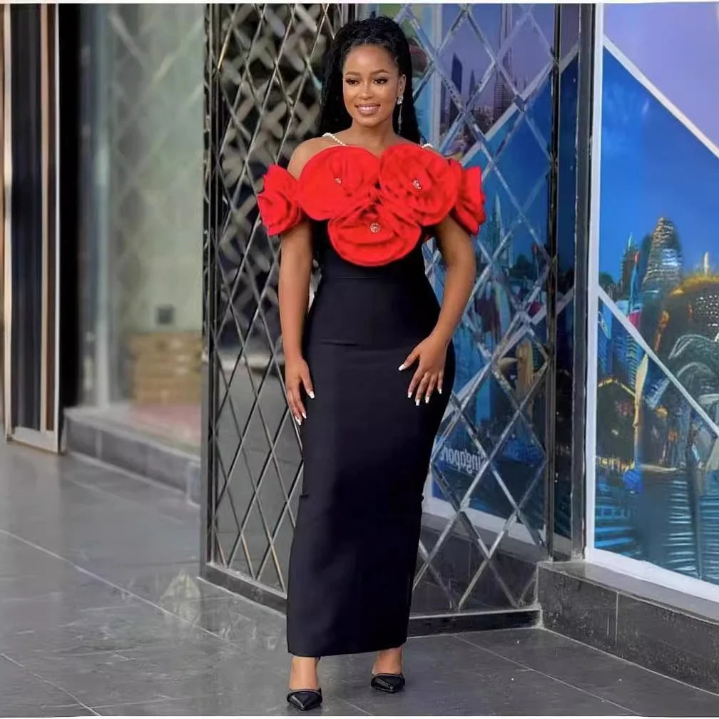 Women’s Black 3D Floral Off-Shoulder Evening Gown