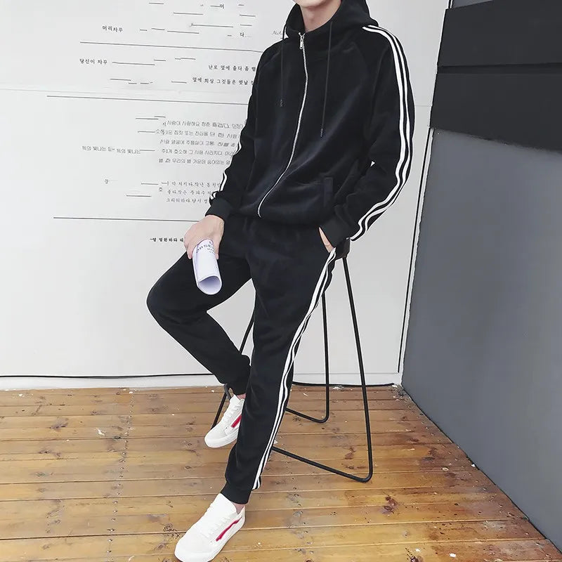 Men's Korean Style Hooded 2-Piece Set – Zip Sweatshirt & Jogger Pants
