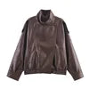 Women's Vintage Leather-Style Jacket with Stand Collar