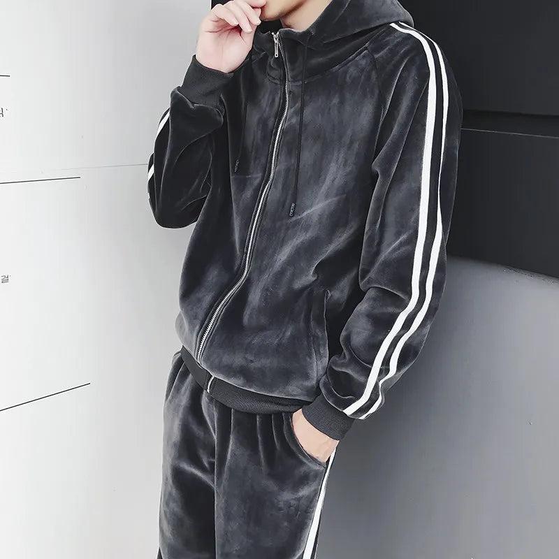 Men's Korean Style Hooded 2-Piece Set – Zip Sweatshirt & Jogger Pants