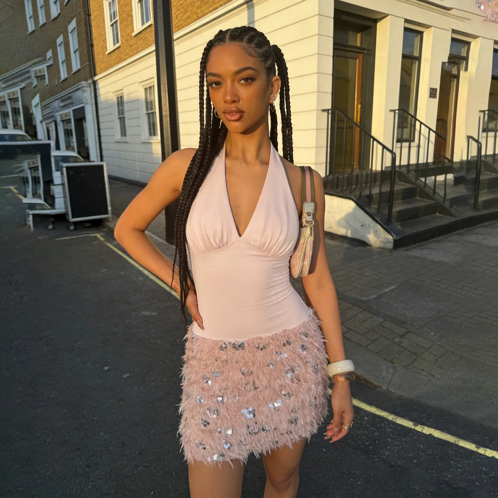Women’s Pink Sequin Feather-Trim Halter Mini Dress