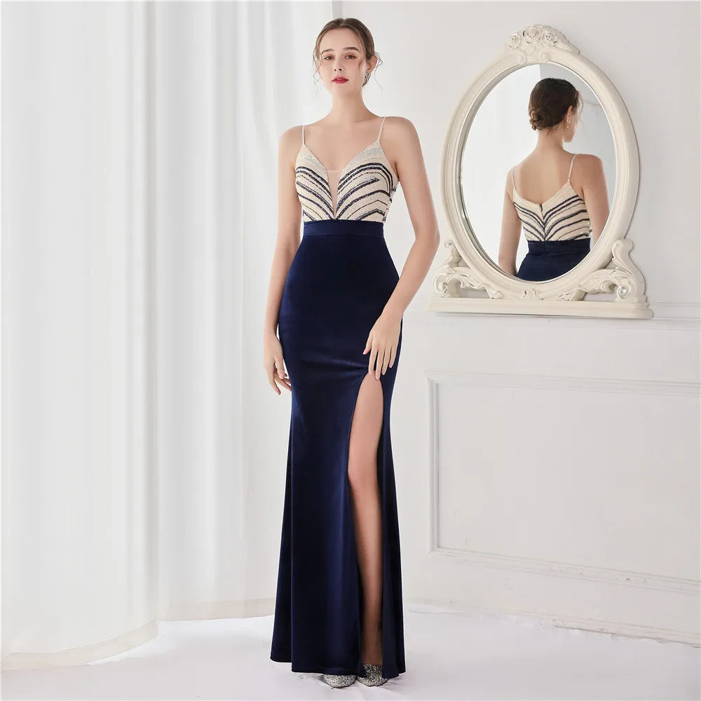 Women's Velvet Beaded Mermaid Evening Dress