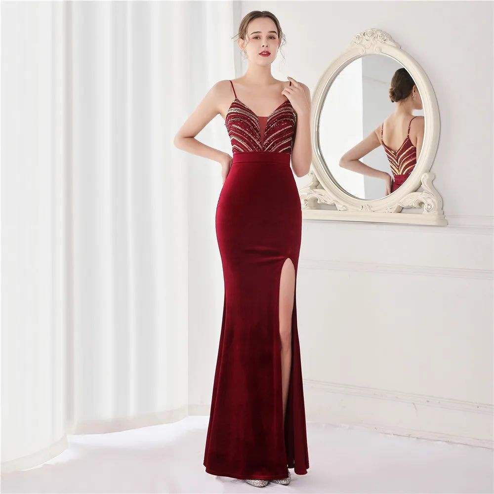 Women's Velvet Beaded Mermaid Evening Dress