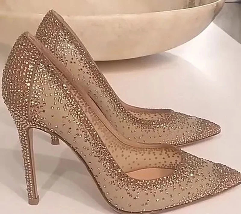 Women's Crystal Rhinestone Mesh Stiletto Pumps – Glitter Heels for Wedding & Party