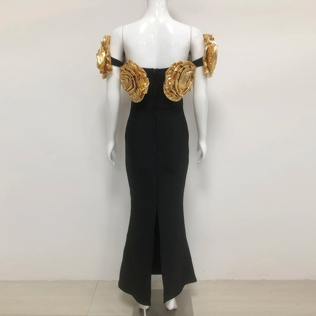 Women’s Black 3D Floral Off-Shoulder Evening Gown