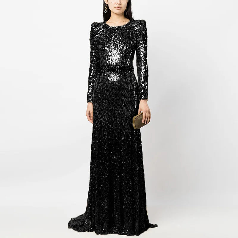 Women's Sequin Beaded A-Line Evening Gown with Train