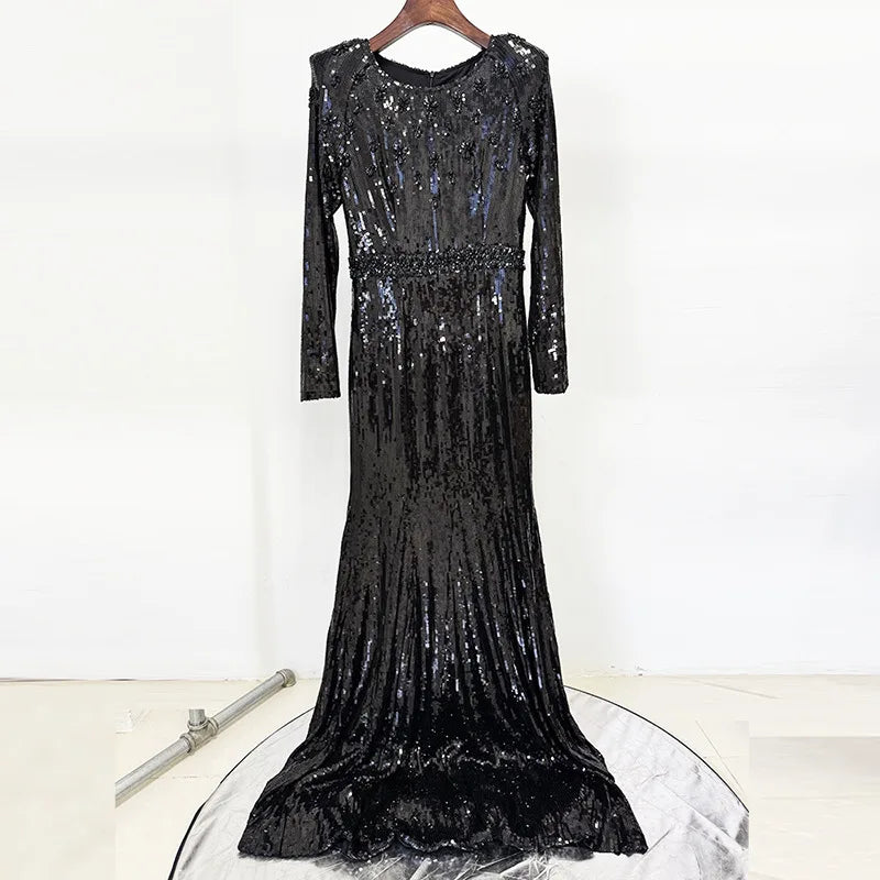 Women's Sequin Beaded A-Line Evening Gown with Train