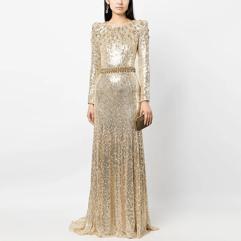 Women's Sequin Beaded A-Line Evening Gown with Train