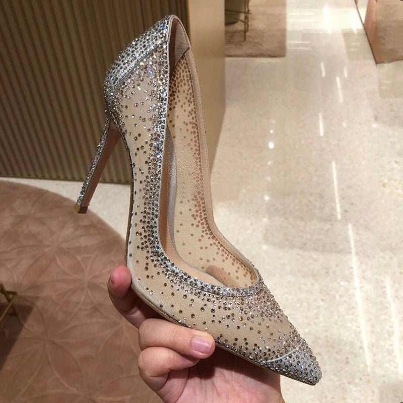 Women's Crystal Rhinestone Mesh Stiletto Pumps – Glitter Heels for Wedding & Party