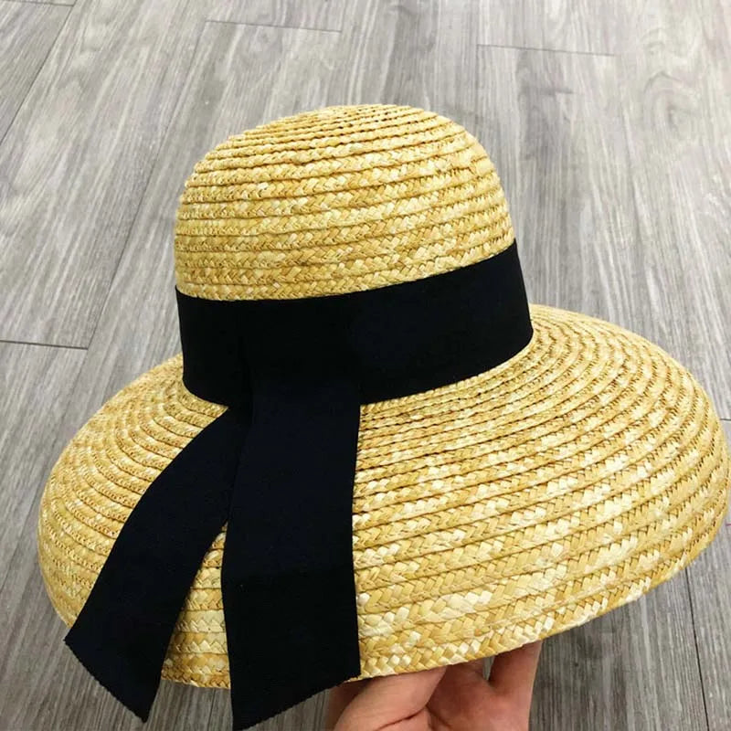 Wide Brim Women Sun Hat Wheat Straw Summer Beach Hat Elegant Cap UV Protection Black long Ribbon Bow Derby Travel Hats LADYLYS