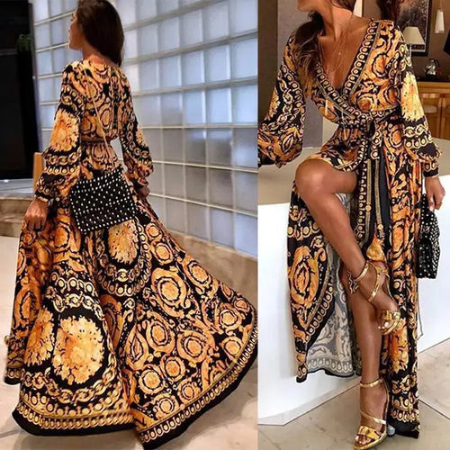 Boho V-Neck Printed Sundress Long Maxi Dress for Summer Long Sleeve Vintage LADYLYS