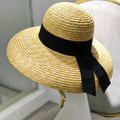 Wide Brim Women Sun Hat Wheat Straw Summer Beach Hat Elegant Cap UV Protection Black long Ribbon Bow Derby Travel Hats LADYLYS