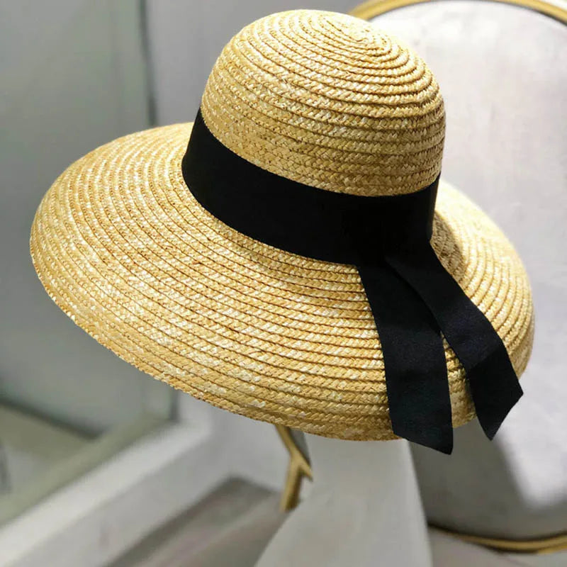 Wide Brim Women Sun Hat Wheat Straw Summer Beach Hat Elegant Cap UV Protection Black long Ribbon Bow Derby Travel Hats LADYLYS
