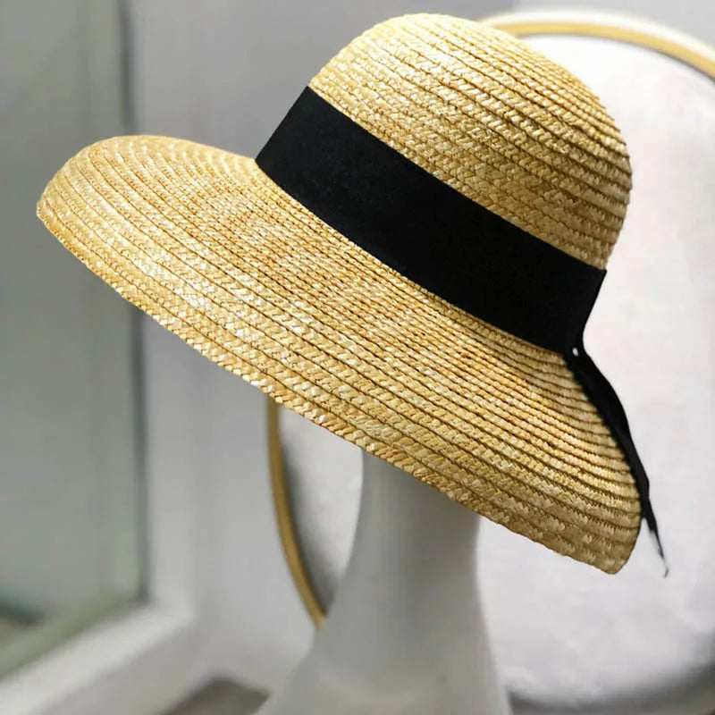 Wide Brim Women Sun Hat Wheat Straw Summer Beach Hat Elegant Cap UV Protection Black long Ribbon Bow Derby Travel Hats LADYLYS