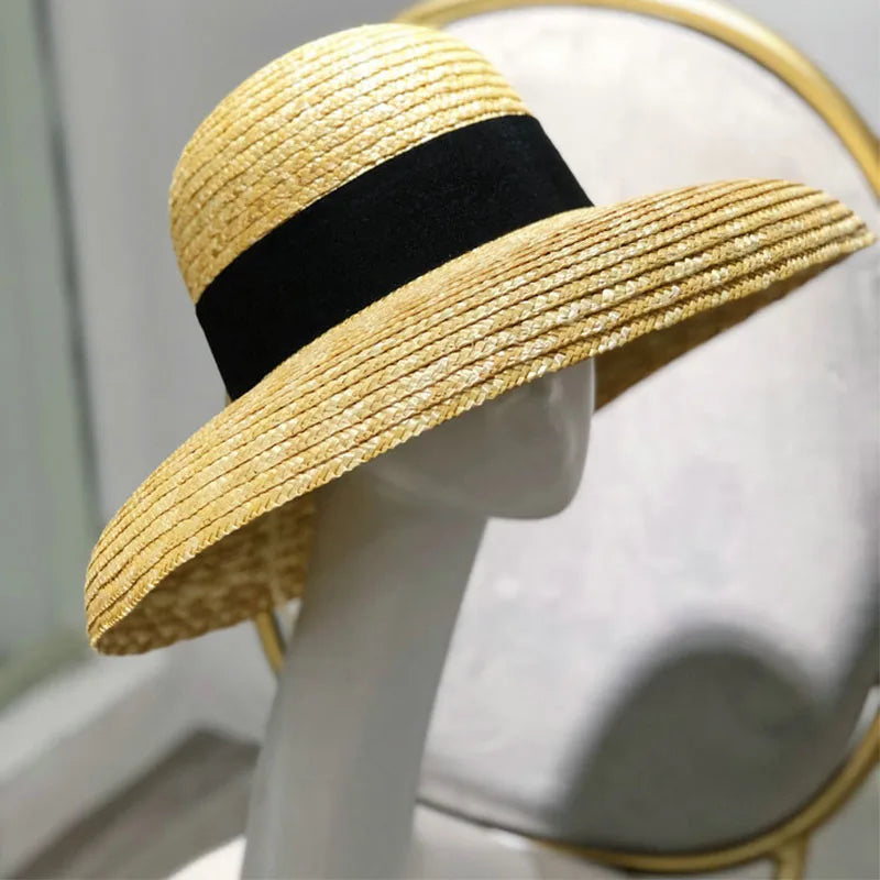 Wide Brim Women Sun Hat Wheat Straw Summer Beach Hat Elegant Cap UV Protection Black long Ribbon Bow Derby Travel Hats LADYLYS