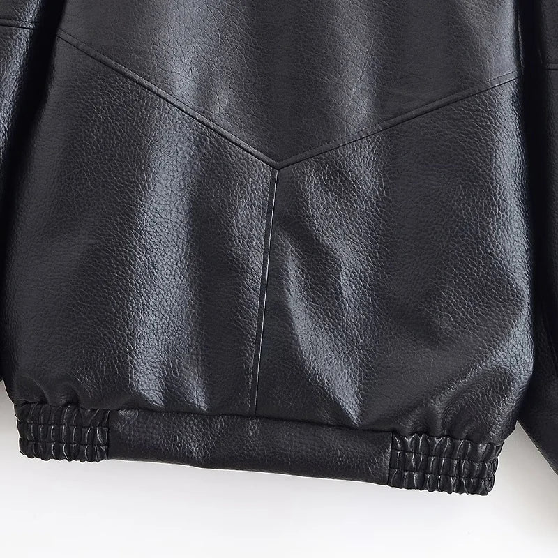 Women's Vintage Leather-Style Jacket with Stand Collar