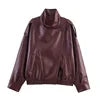 Women's Vintage Leather-Style Jacket with Stand Collar