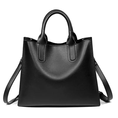 Women's Black Genuine Leather Zip-Up Tote Bag
