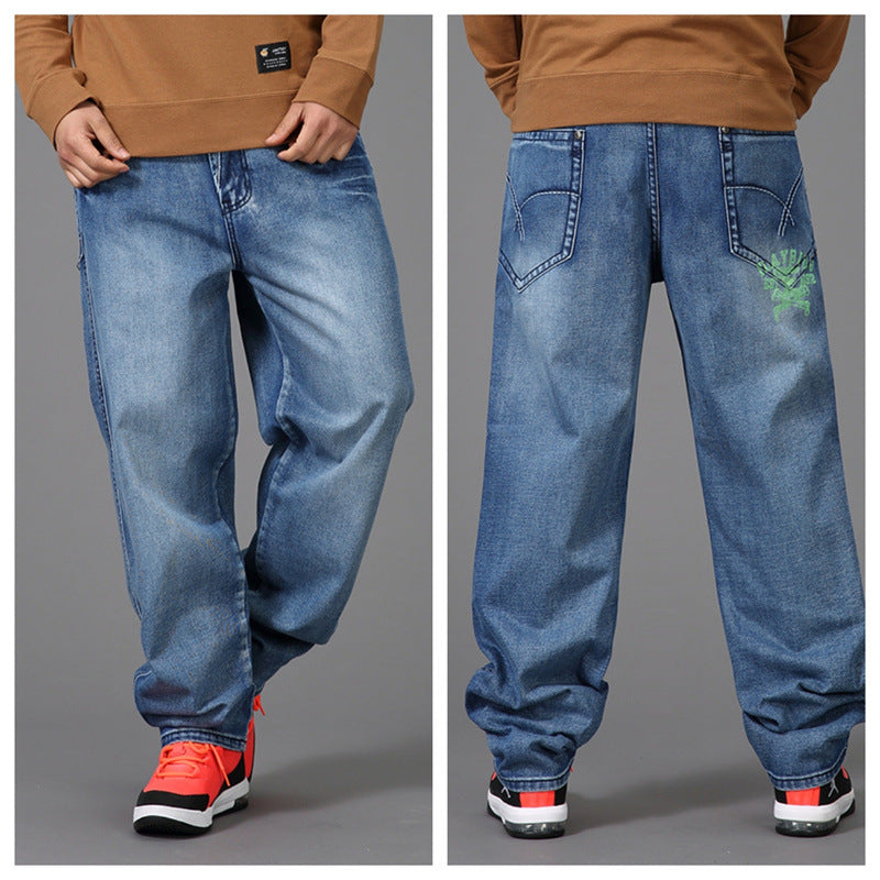 Men's Plus Size Skater Wide-Leg Jeans – Loose Hip-Hop Washed Denim Trousers