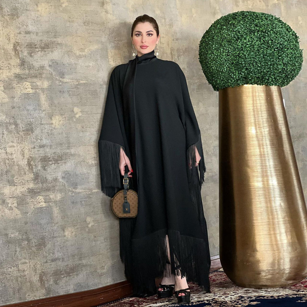 Women's Elegant Tassel Abaya Kaftan – Loose Long Evening Dress | Eid, Ramadan & Party Occasion