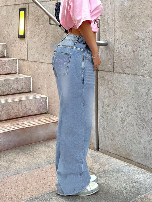Bow-Embroidered Straight-Leg Jeans – Women's Casual Loose Denim Trousers