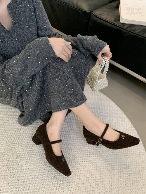 Elegant Woolen Square Toe Shallow Mouth Mary Jane Shoes French Style LADYLYS
