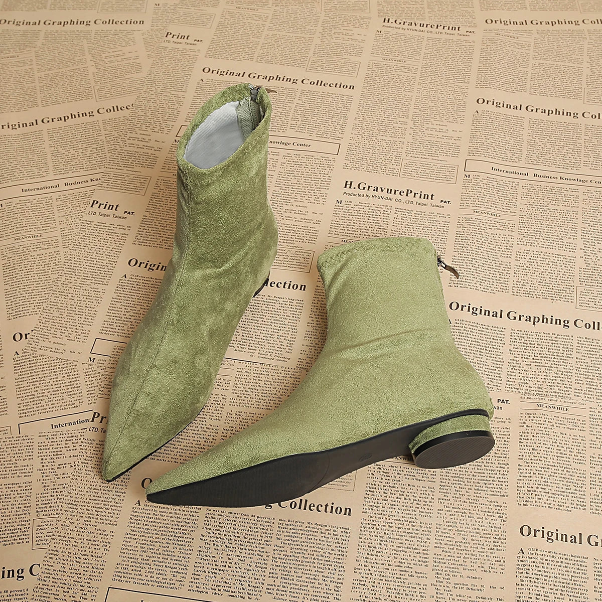 Women's Faux Suede Pointed Toe Mid-Calf Boots – Warm Flannel Lining, Low Heel