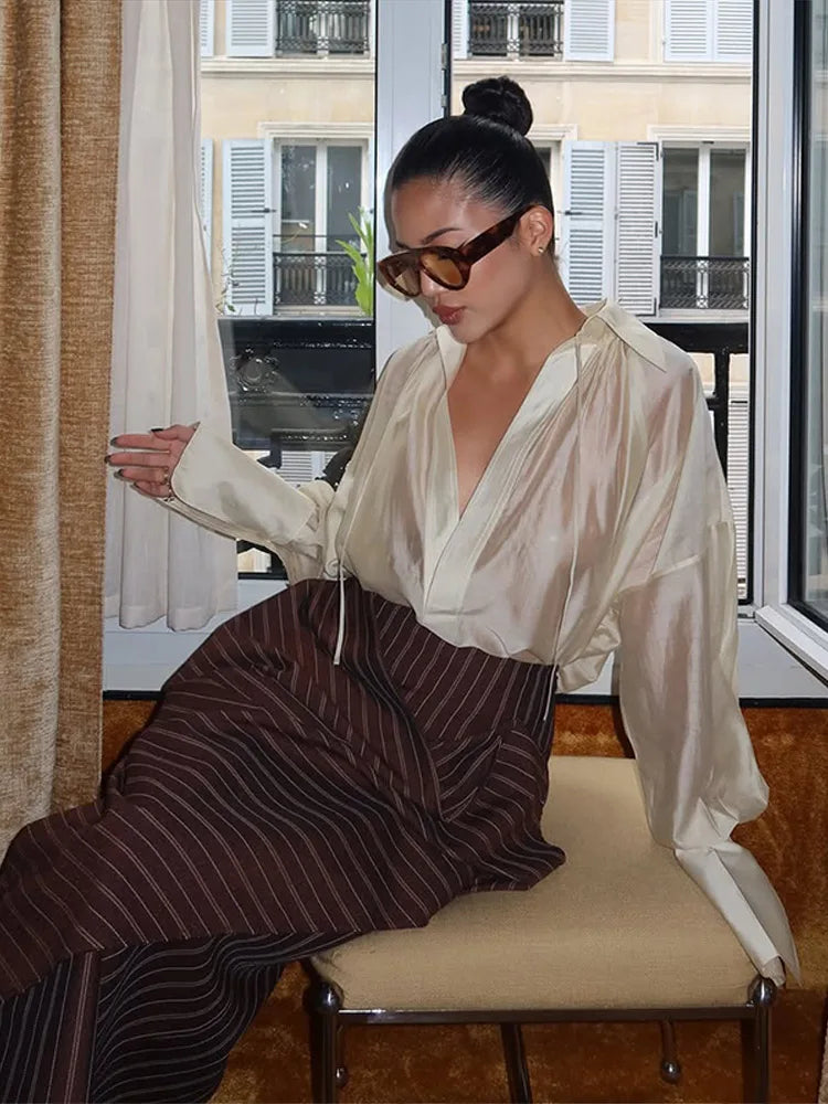 Striped Asymmetric Midi Skirt & Ribbon Tie Blouse Set – Women’s 2-Piece Summer Suit
