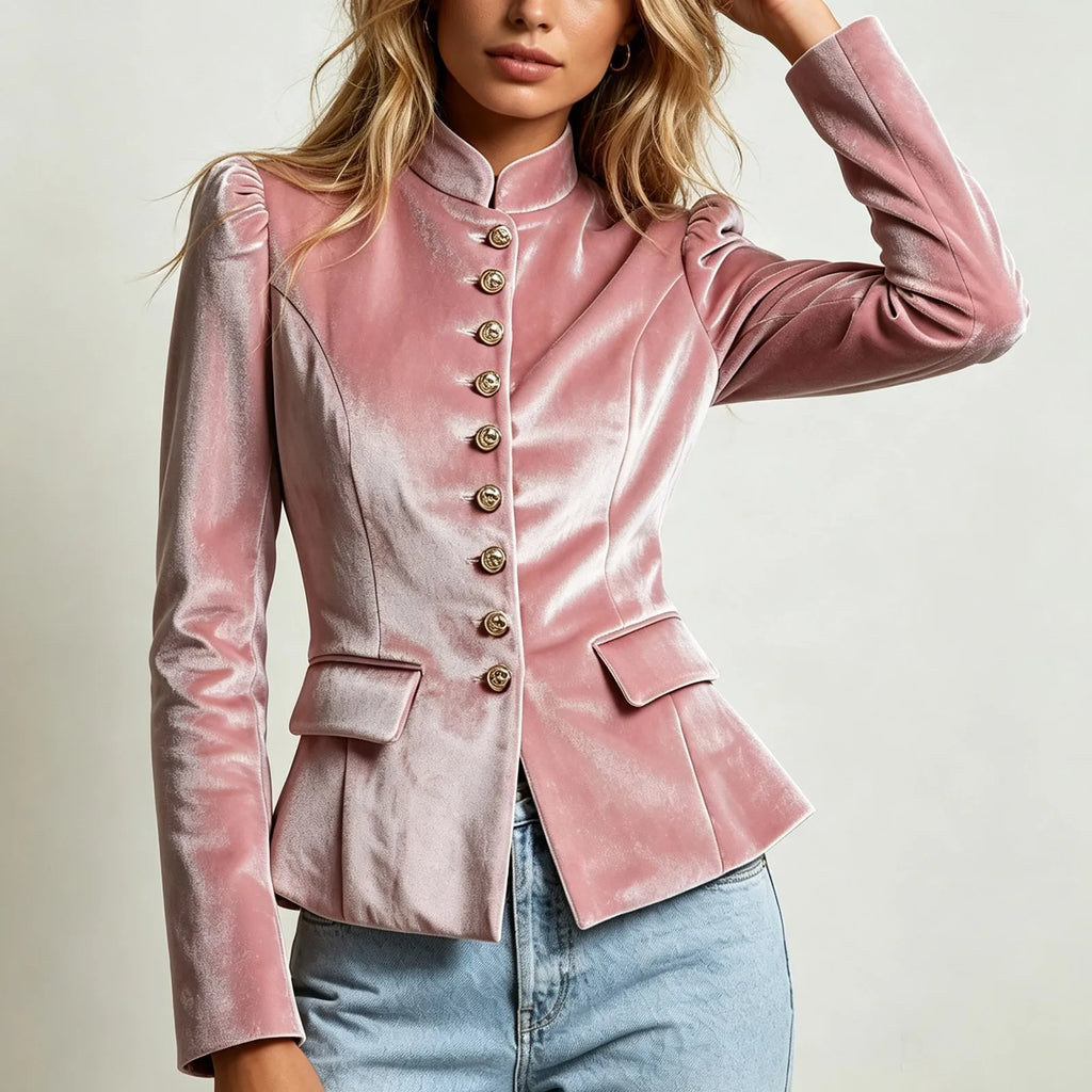 Women's Pink Velvet High-Neck Blazer
