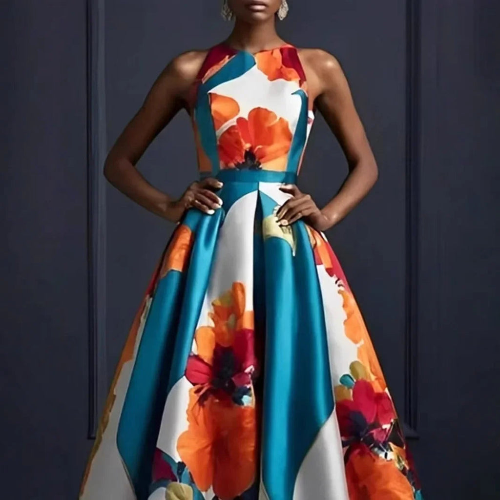 VIVI Fashionable Sleeveless Print Evening Gown Zipper Satin Slim Fit Empire Waist Long Dress LADYLYS