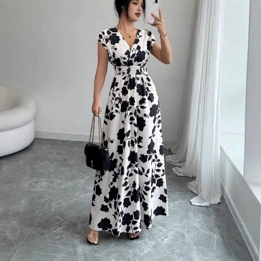 Printed V-Neck Short Sleeve Midi Dress – Lace-Up Waist Casual Summer Dress