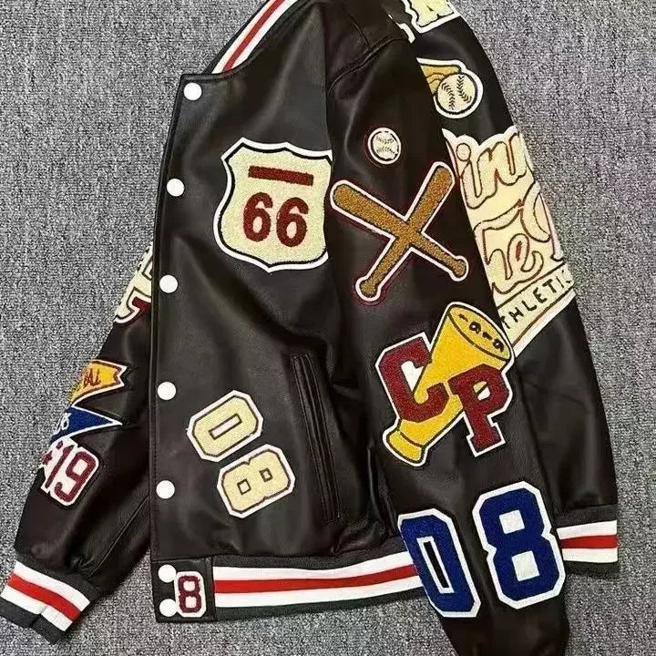 Men's Embroidered Varsity Bomber Jacket — PU Leather Baseball Coat | Unisex Streetwear