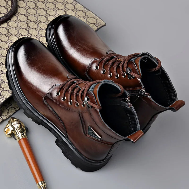 Men's Genuine Leather Platform Ankle Boots – Lace-Up Wool-Lined Waterproof Work Boots