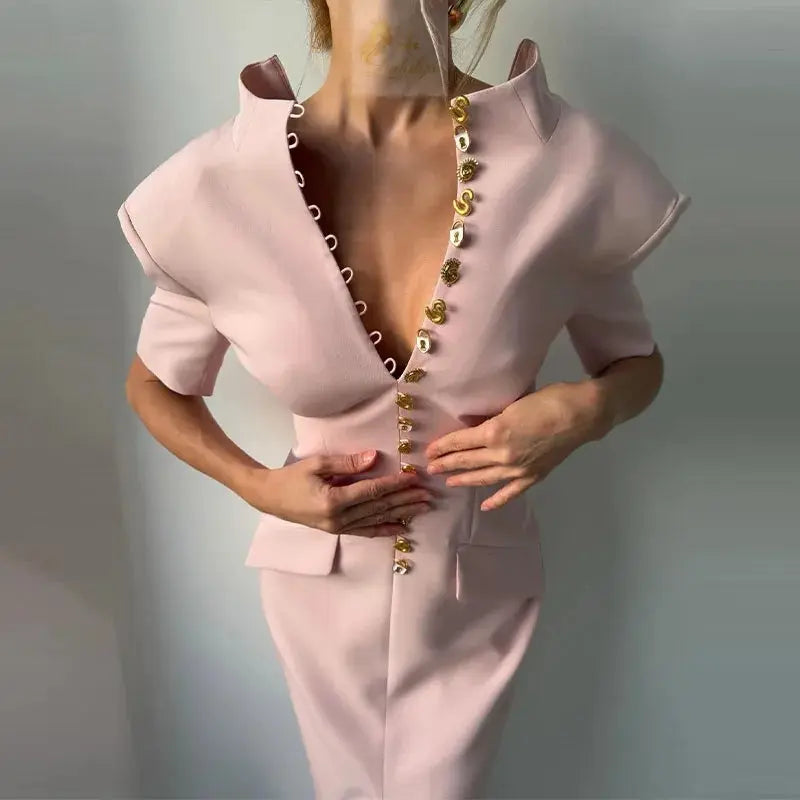 Elegant Fitted Shoulder Pad Short Sleeves Chic Party Dresses LADYLYS