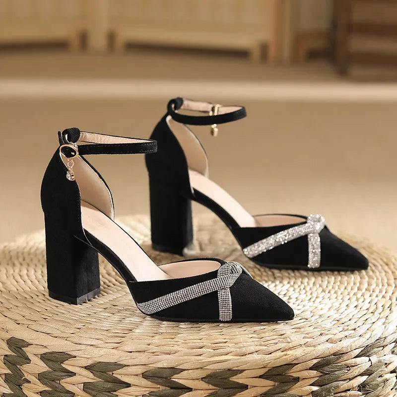 Chunky Heel Hollow Point Toe High Heels Women Shoes Solid Color Ankle Strap Rhinestone Black Heels LADYLYS