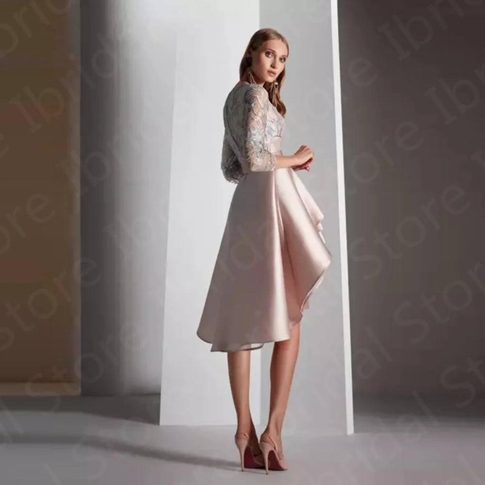 Pearl Pink High-Low Mother of the Bride Dress – 3/4 Sleeve Lace Gown