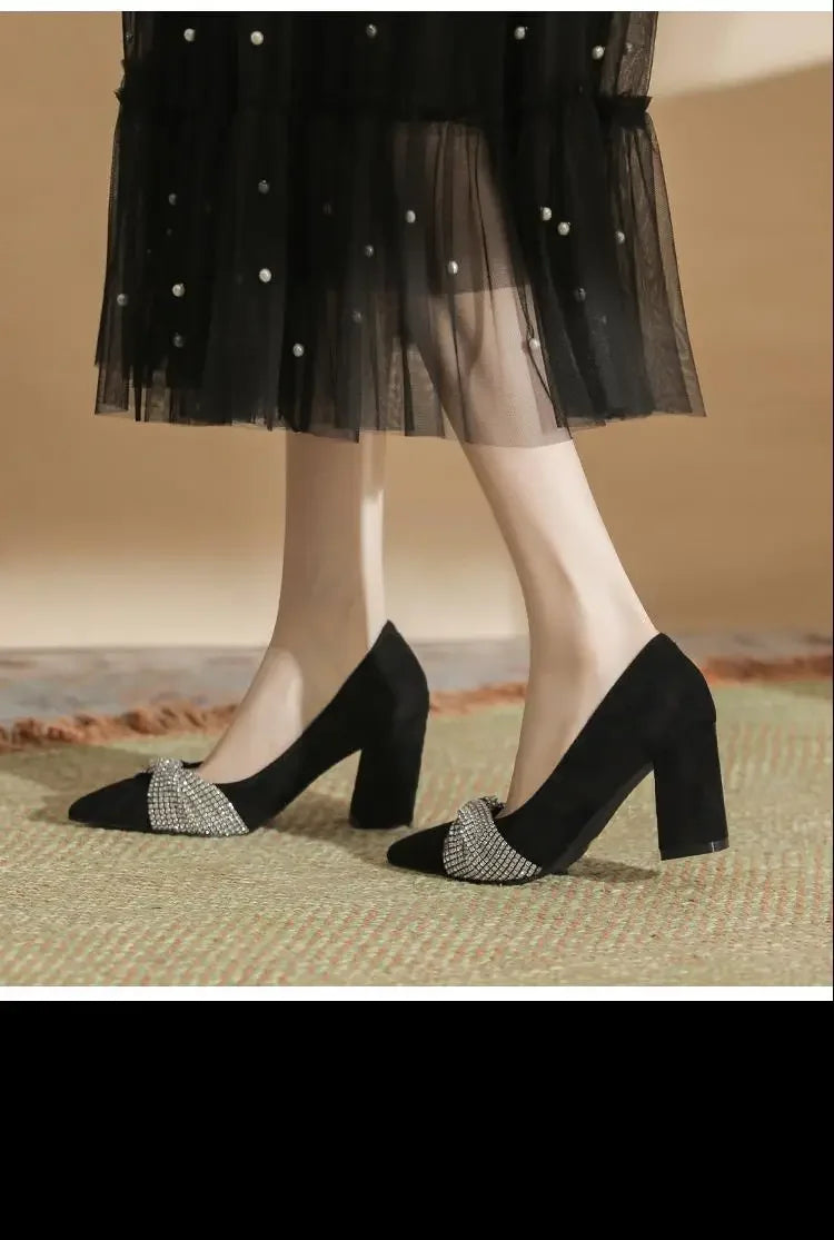 Chunky Heel Pointed Toe Black Rhinestone High Heel Women's Work Shoes Plus Size Pumps LADYLYS