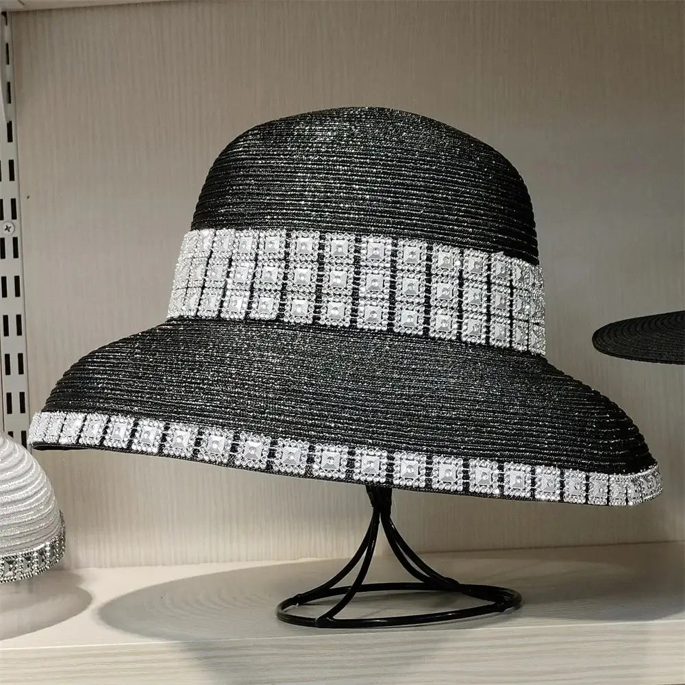 Bucket Hat Summer Hats for Women Fishing Hat Woolen Rhinestone Solid Color Basin Hat Leisure Outdoor Beach Sun Hat LADYLYS