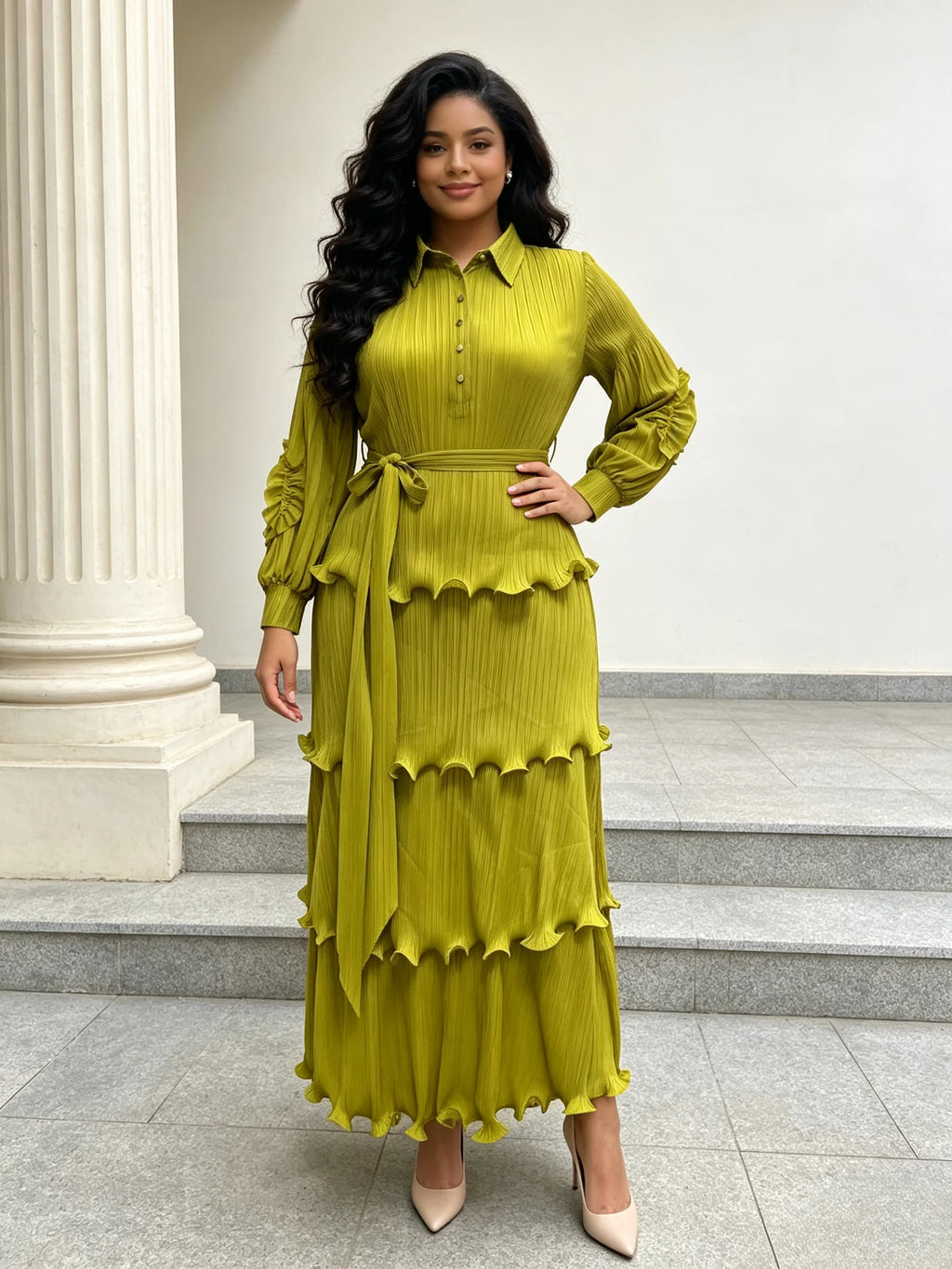 Women's Miyake Pleated Tiered Maxi Dress – Petal Sleeve Belted Long Dress | Elegant African Style