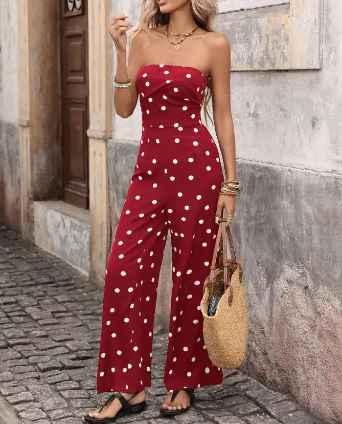 Bodysuit Women Summer New Fashionable Elegant Style Slim Fit Polka Dot Print High Waist Slim Fit Strapless Wide Leg Jumpsuit LADYLYS