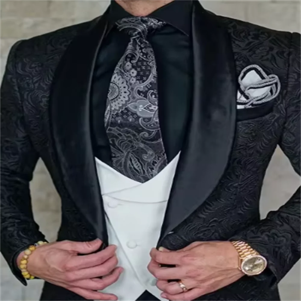 Jacquard Suits Italian Design Black Smoking Tuxedo Jacket 3 Piece LADYLYS