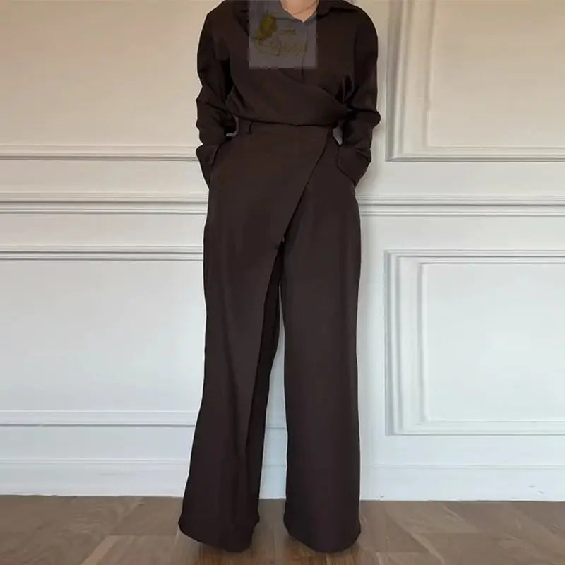 Solid Women's Shirt Trouser Suits Full Sleeve Turn-Down Collar Wide Leg Pants Lady Set LADYLYS