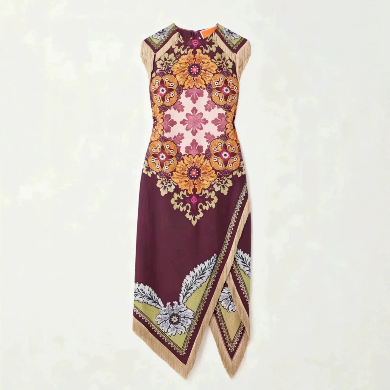 Women's Bohemian Scarf Print Midi Dress – Sleeveless Asymmetrical Handkerchief Hem with Fringe | Elegant Summer Dress
